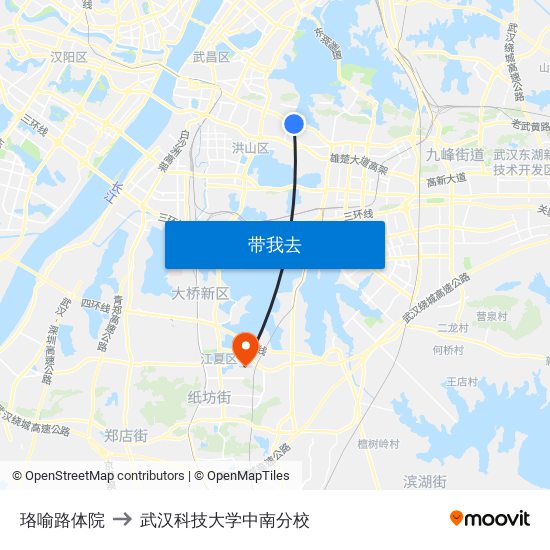珞喻路体院 to 武汉科技大学中南分校 map