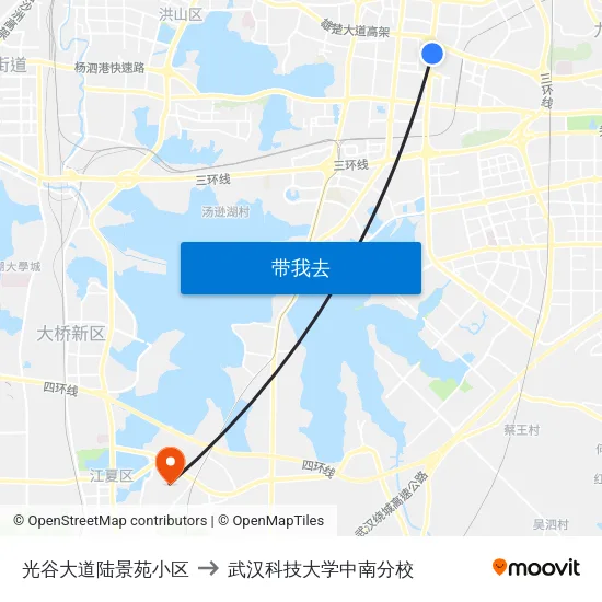 光谷大道陆景苑小区 to 武汉科技大学中南分校 map