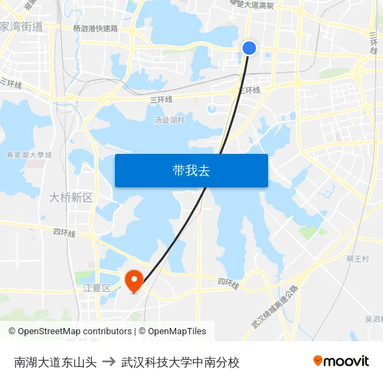 南湖大道东山头 to 武汉科技大学中南分校 map