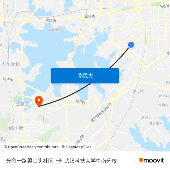 光谷一路梁山头社区 to 武汉科技大学中南分校 map