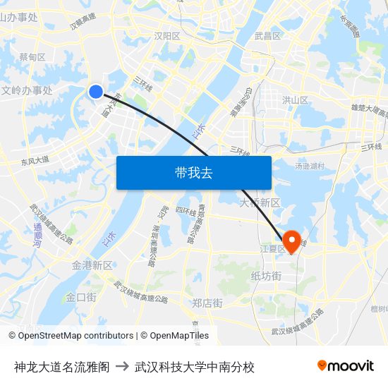 神龙大道名流雅阁 to 武汉科技大学中南分校 map