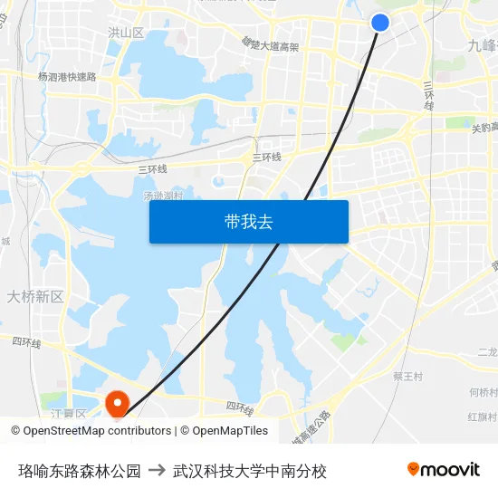 珞喻东路森林公园 to 武汉科技大学中南分校 map