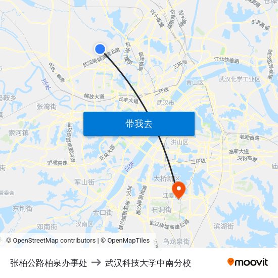 张柏公路柏泉办事处 to 武汉科技大学中南分校 map