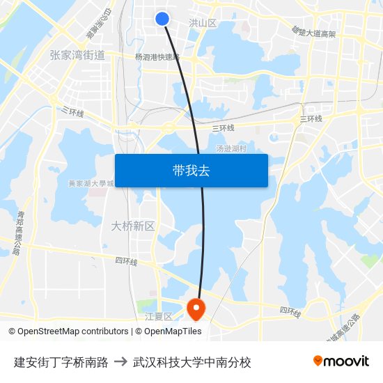 建安街丁字桥南路 to 武汉科技大学中南分校 map