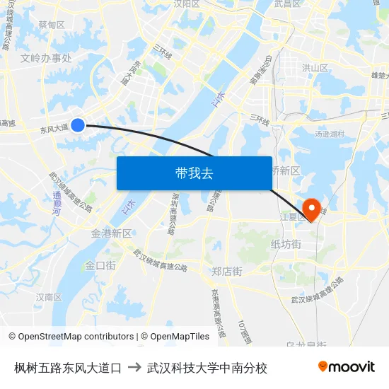 枫树五路东风大道口 to 武汉科技大学中南分校 map