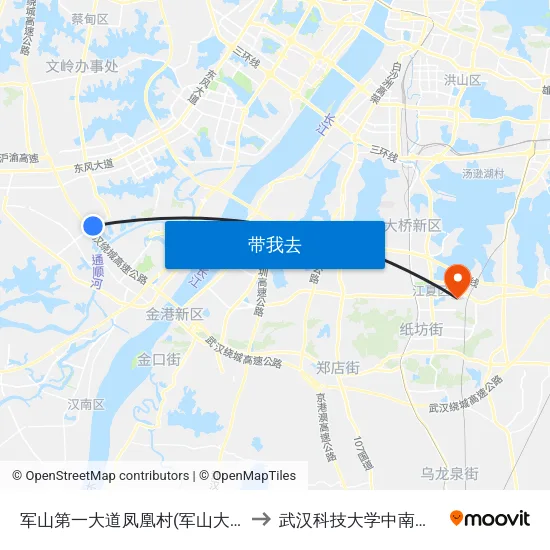 军山第一大道凤凰村(军山大道) to 武汉科技大学中南分校 map