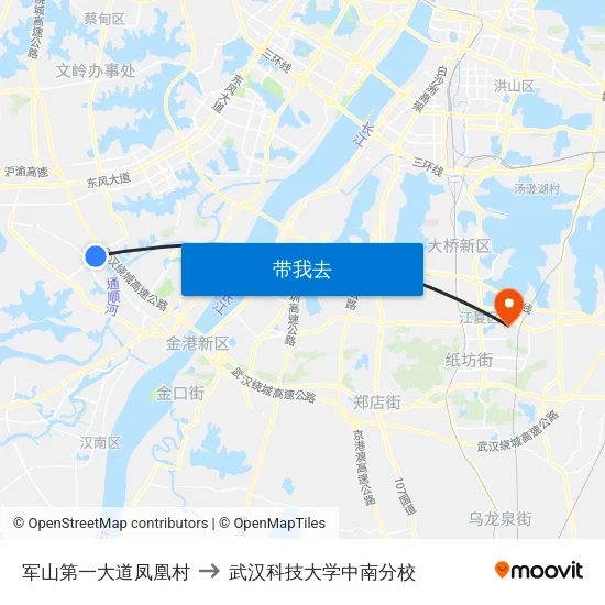 军山第一大道凤凰村 to 武汉科技大学中南分校 map