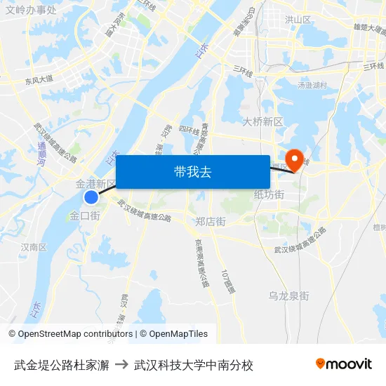 武金堤公路杜家澥 to 武汉科技大学中南分校 map