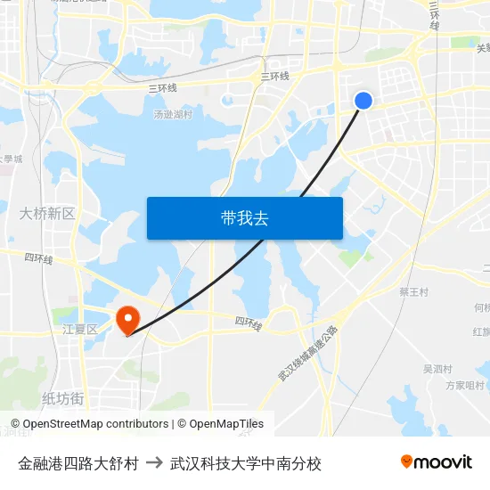 金融港四路大舒村 to 武汉科技大学中南分校 map