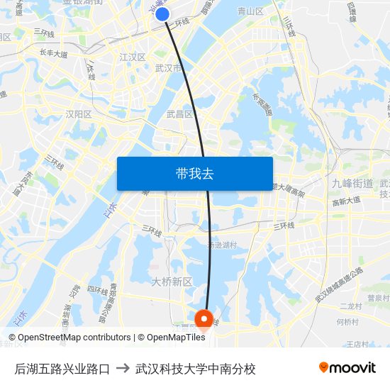 后湖五路兴业路口 to 武汉科技大学中南分校 map