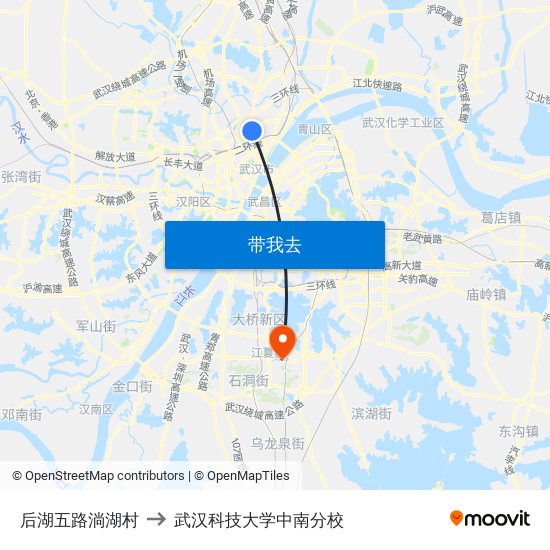 后湖五路淌湖村 to 武汉科技大学中南分校 map