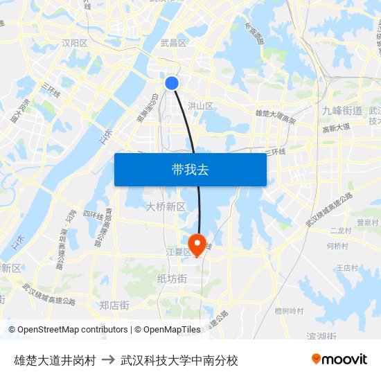 雄楚大道井岗村 to 武汉科技大学中南分校 map