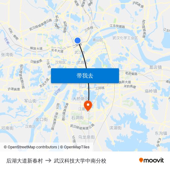 后湖大道新春村 to 武汉科技大学中南分校 map