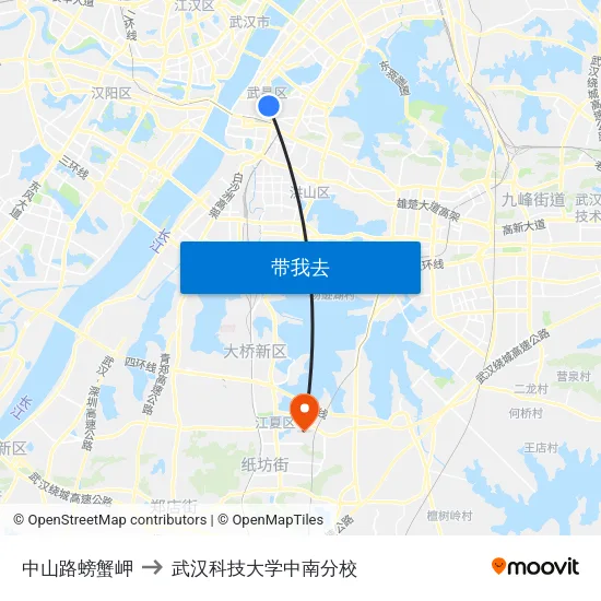 中山路螃蟹岬 to 武汉科技大学中南分校 map