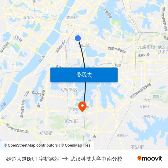 雄楚大道Brt丁字桥路站 to 武汉科技大学中南分校 map