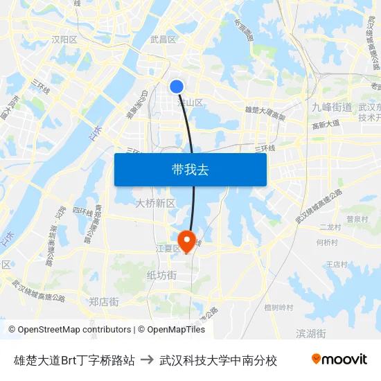 雄楚大道Brt丁字桥路站 to 武汉科技大学中南分校 map