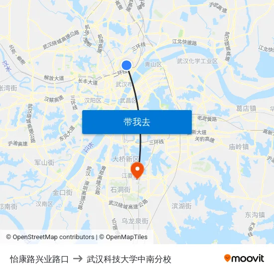 怡康路兴业路口 to 武汉科技大学中南分校 map