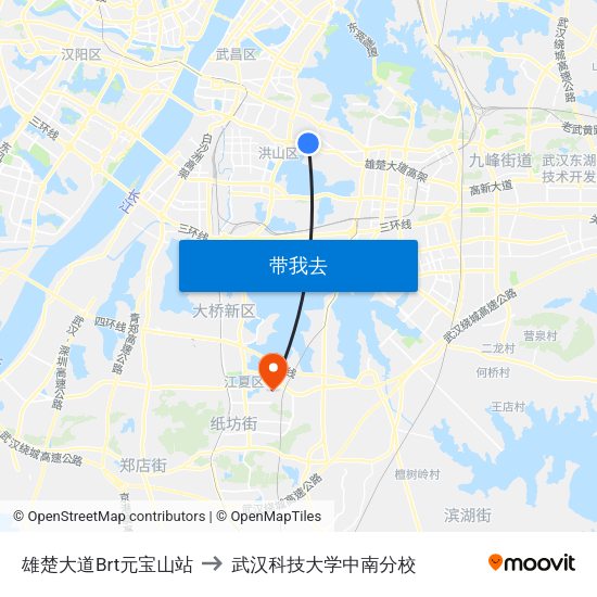 雄楚大道Brt元宝山站 to 武汉科技大学中南分校 map