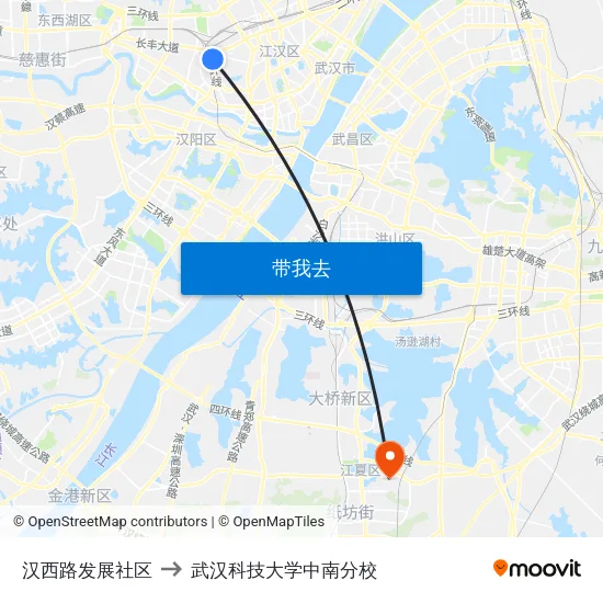 汉西路发展社区 to 武汉科技大学中南分校 map