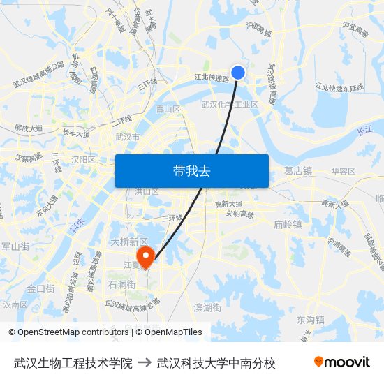武汉生物工程技术学院 to 武汉科技大学中南分校 map