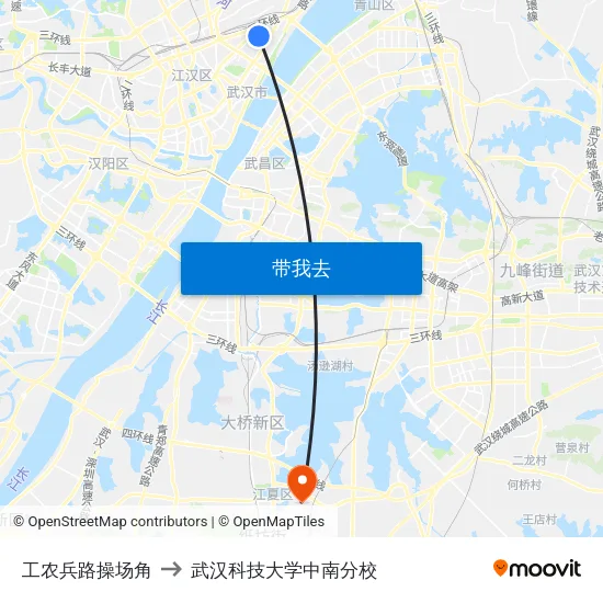 工农兵路操场角 to 武汉科技大学中南分校 map