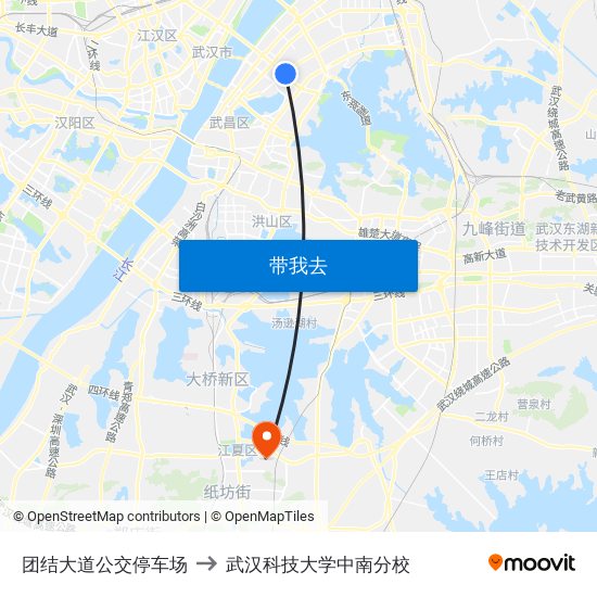 团结大道公交停车场 to 武汉科技大学中南分校 map