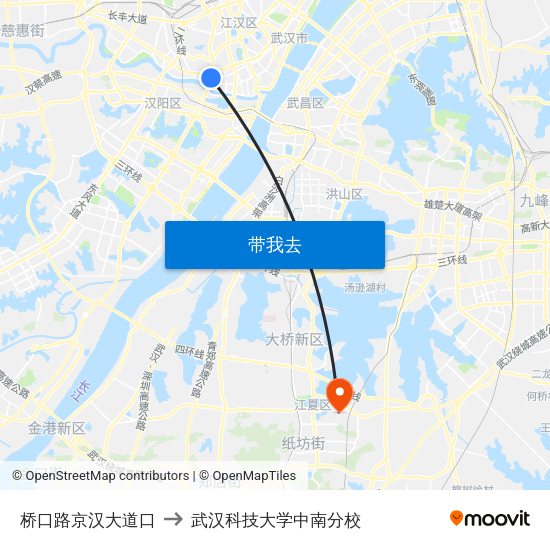 桥口路京汉大道口 to 武汉科技大学中南分校 map