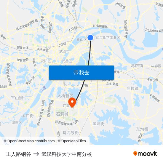 工人路钢谷 to 武汉科技大学中南分校 map