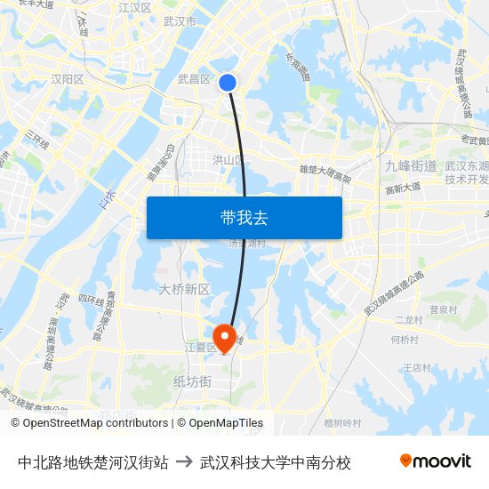 中北路地铁楚河汉街站 to 武汉科技大学中南分校 map