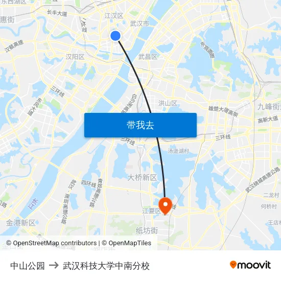中山公园 to 武汉科技大学中南分校 map