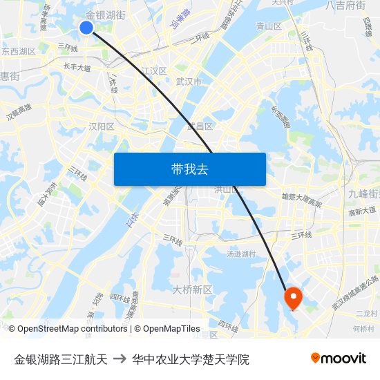 金银湖路三江航天 to 华中农业大学楚天学院 map