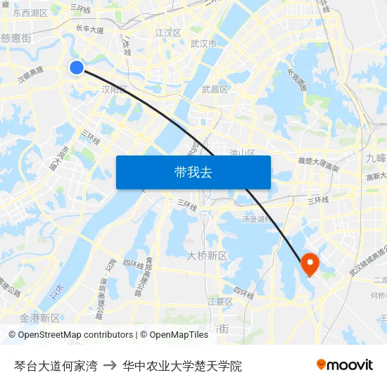 琴台大道何家湾 to 华中农业大学楚天学院 map