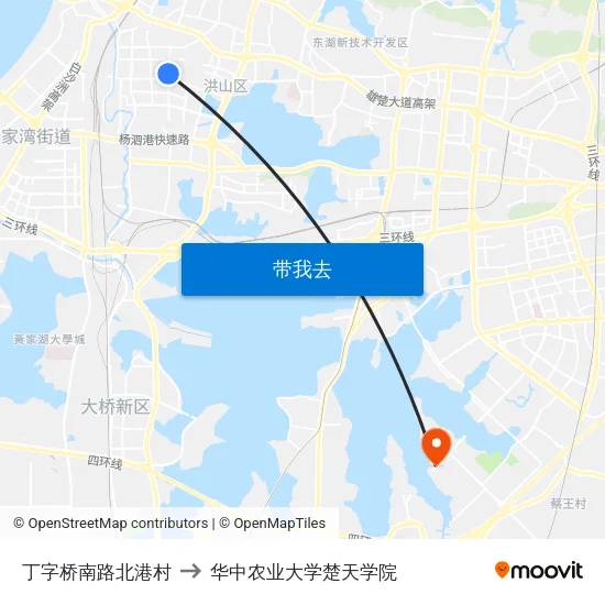 丁字桥南路北港村 to 华中农业大学楚天学院 map