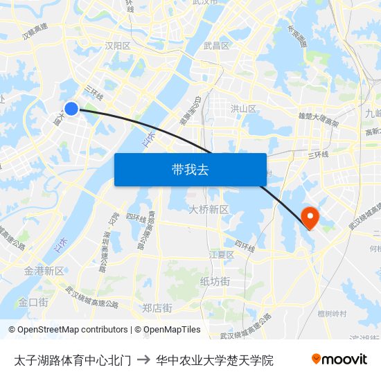 太子湖路体育中心北门 to 华中农业大学楚天学院 map