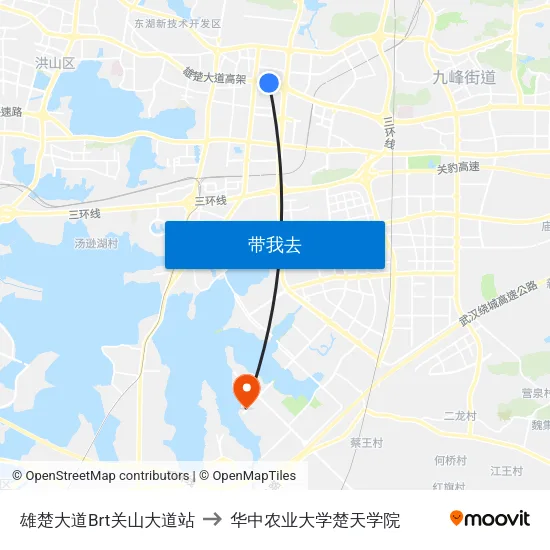 雄楚大道Brt关山大道站 to 华中农业大学楚天学院 map