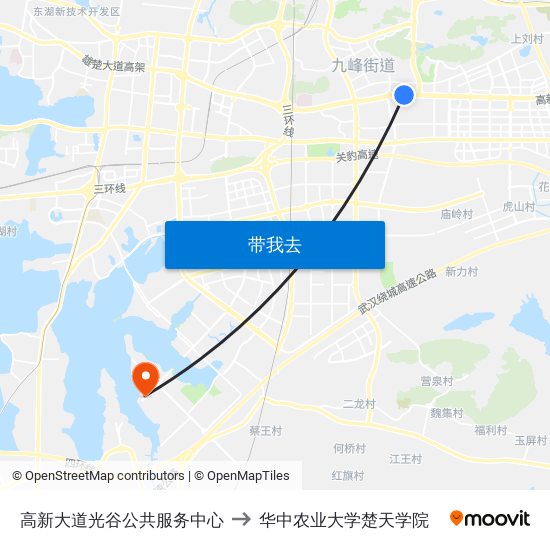 高新大道光谷公共服务中心 to 华中农业大学楚天学院 map