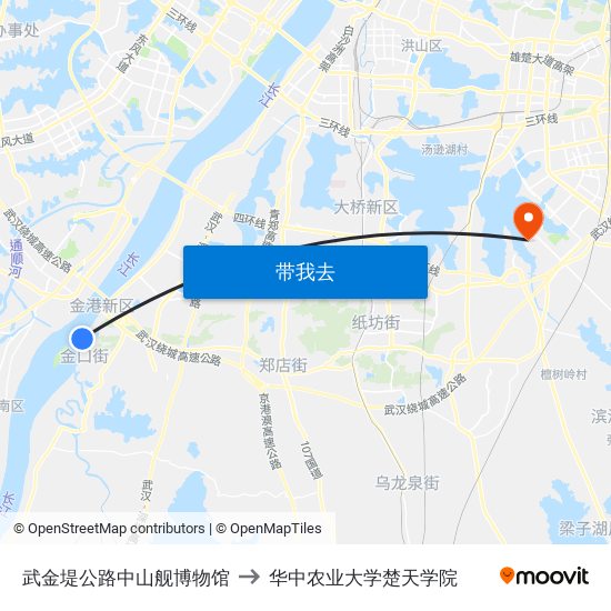 武金堤公路中山舰博物馆 to 华中农业大学楚天学院 map