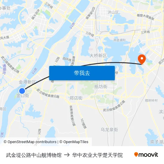 武金堤公路中山舰博物馆 to 华中农业大学楚天学院 map