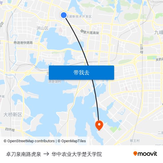 卓刀泉南路虎泉 to 华中农业大学楚天学院 map