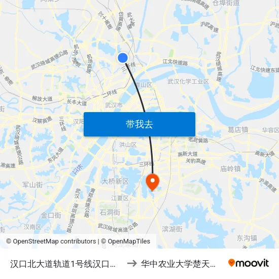汉口北大道轨道1号线汉口北站 to 华中农业大学楚天学院 map