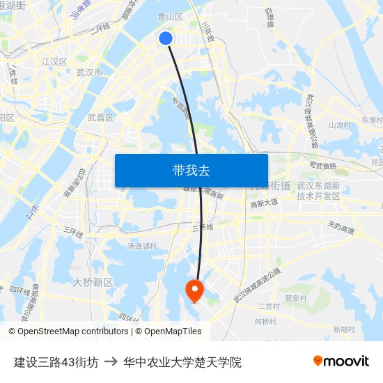 建设三路43街坊 to 华中农业大学楚天学院 map