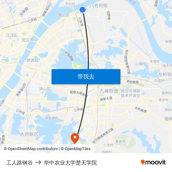 工人路钢谷 to 华中农业大学楚天学院 map