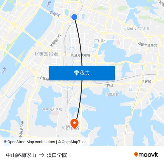 中山路梅家山 to 汉口学院 map