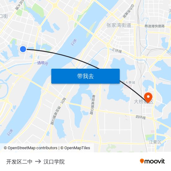 开发区二中 to 汉口学院 map