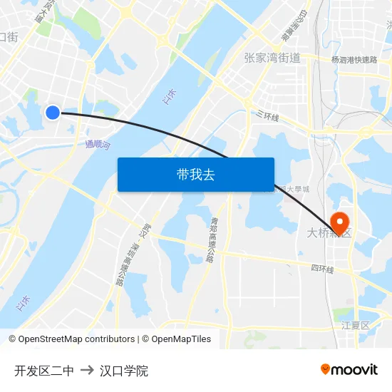 开发区二中 to 汉口学院 map