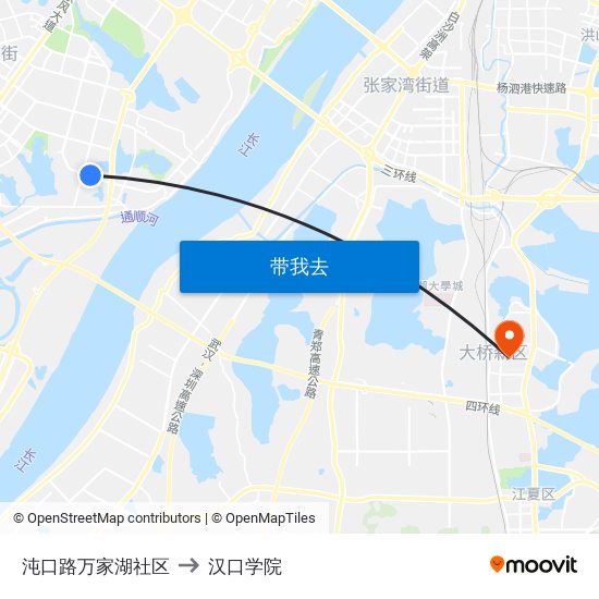 沌口路万家湖社区 to 汉口学院 map