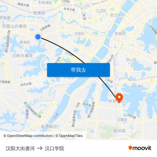 汉阳大街唐河 to 汉口学院 map