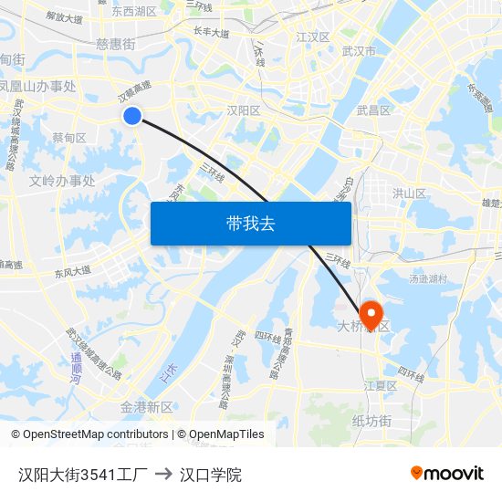 汉阳大街3541工厂 to 汉口学院 map