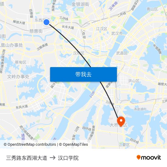 三秀路东西湖大道 to 汉口学院 map