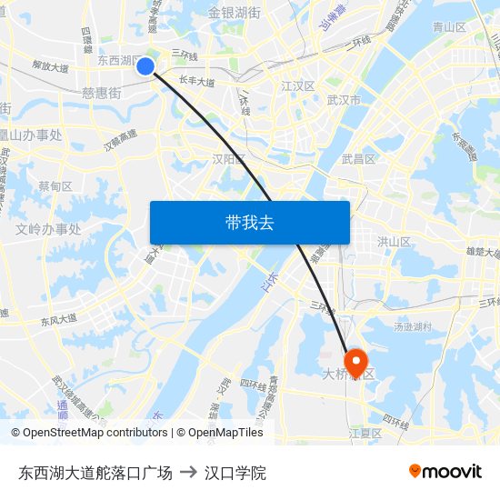 东西湖大道舵落口广场 to 汉口学院 map